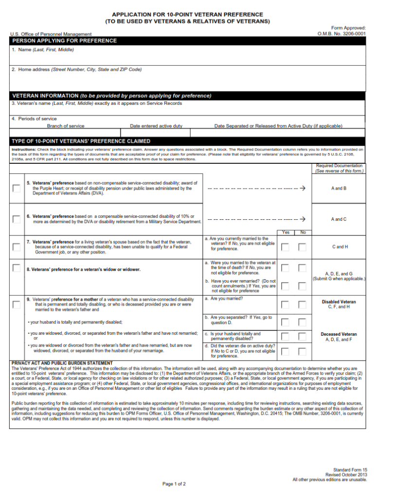 SF 15 Form – Application for 10-Point Veteran Preference | SF Forms