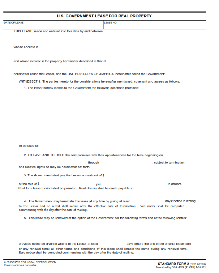 SF 2 Form U.S. Government Lease for Real Property SF Forms