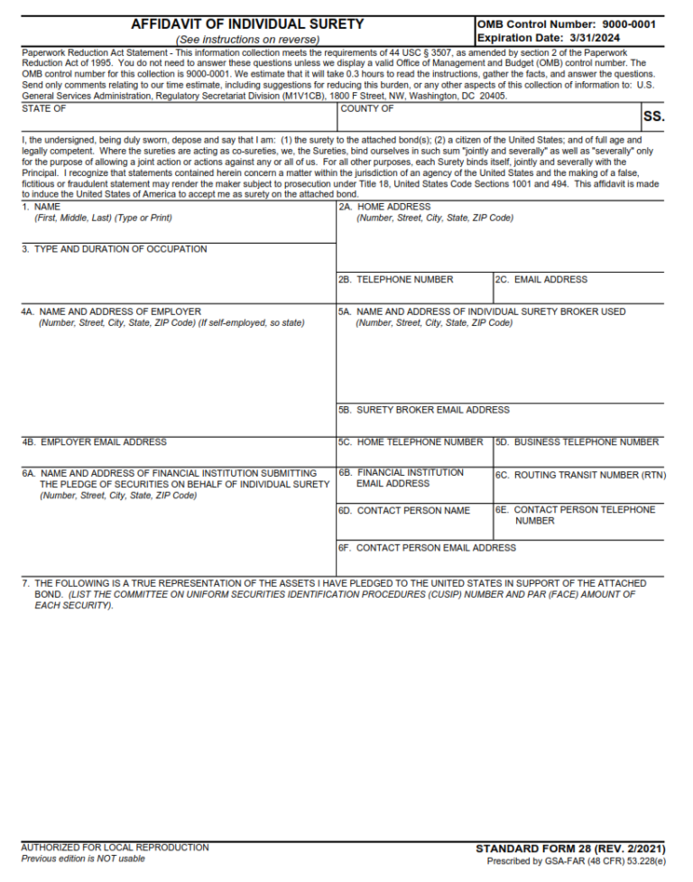 SF 28 Form – Affidavit of Individual Surety | SF Forms