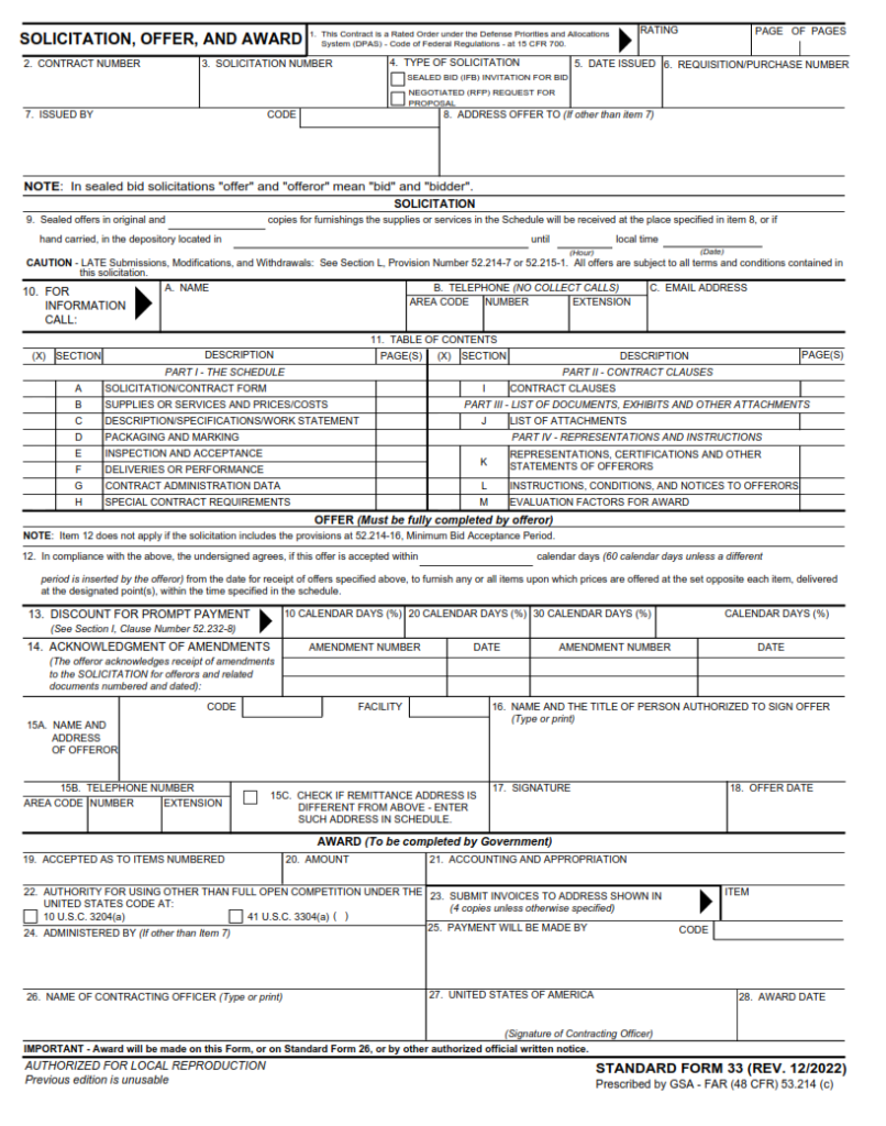 SF 33 Form – Solicitation, Offer, and Award | SF Forms