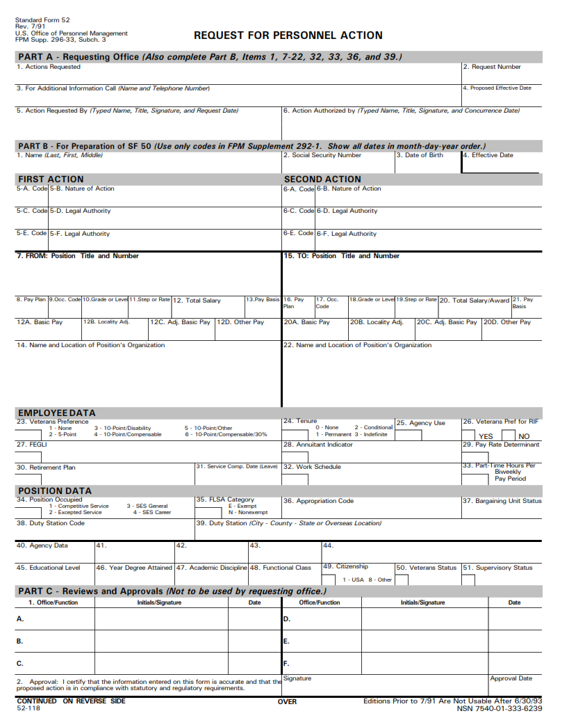 SF 52 Form Request For Personnel Action SF Forms