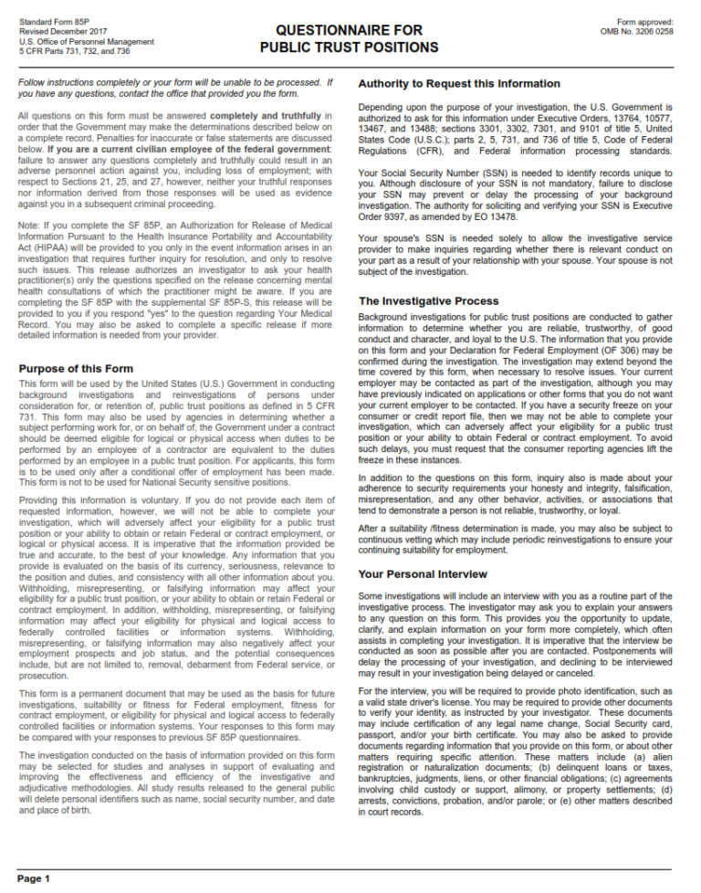 SF 85P Form Questionnaire for Public Trust Positions SF Forms