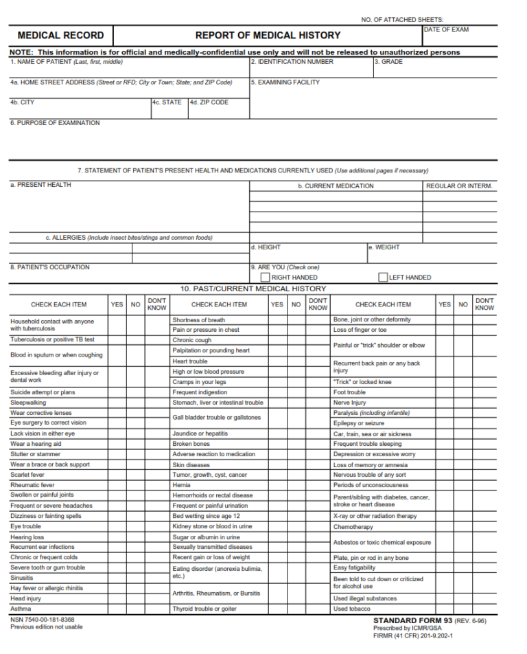 SF 93 Form – Report of Medical History | SF Forms