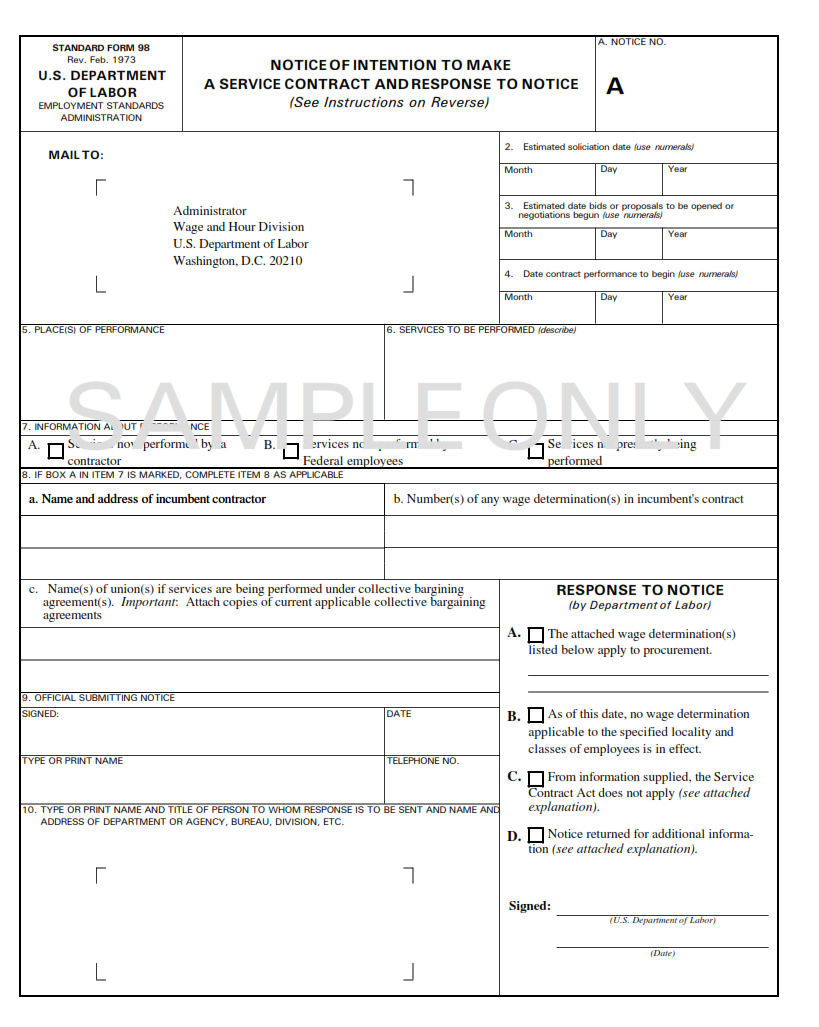 SF 98A Form - Notice of Intention to Make a Service Contract and Response to Notice (Attachment A)