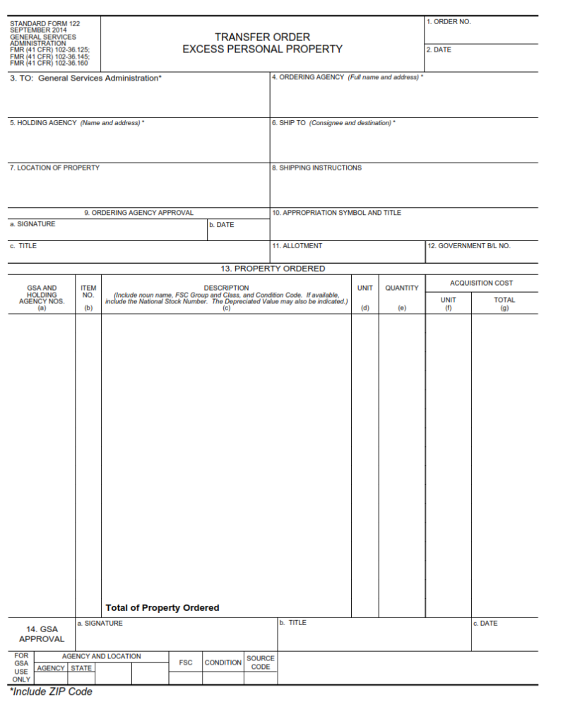 SF 122 Form – Transfer Order Excess Personal Property | SF Forms