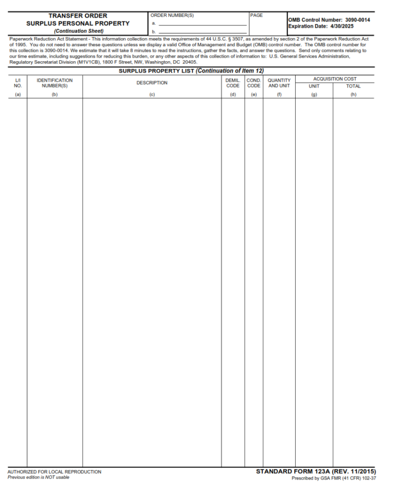 SF 123A Form Transfer Order Surplus Personal Property (Continuation Sheet) SF Forms
