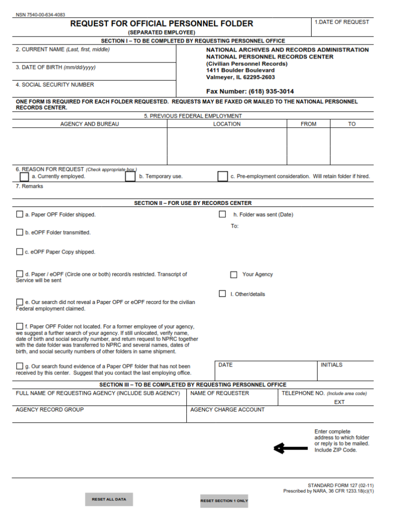 SF 127 Form – Request for Official Personnel Folder (Separated Employee ...