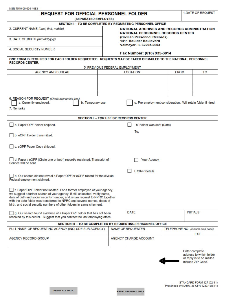 SF 127 Form - Request for Official Personnel Folder (Separated Employee)