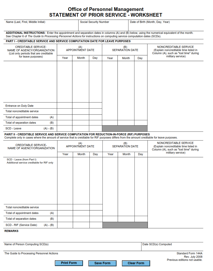 SF 144A Form - Statement of Prior Service - Worksheet