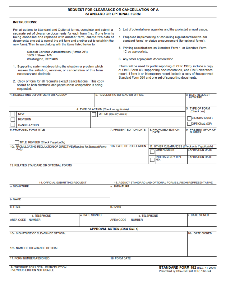 SF 152 Form – Request for Clearance or Cancellation of a Standard or ...