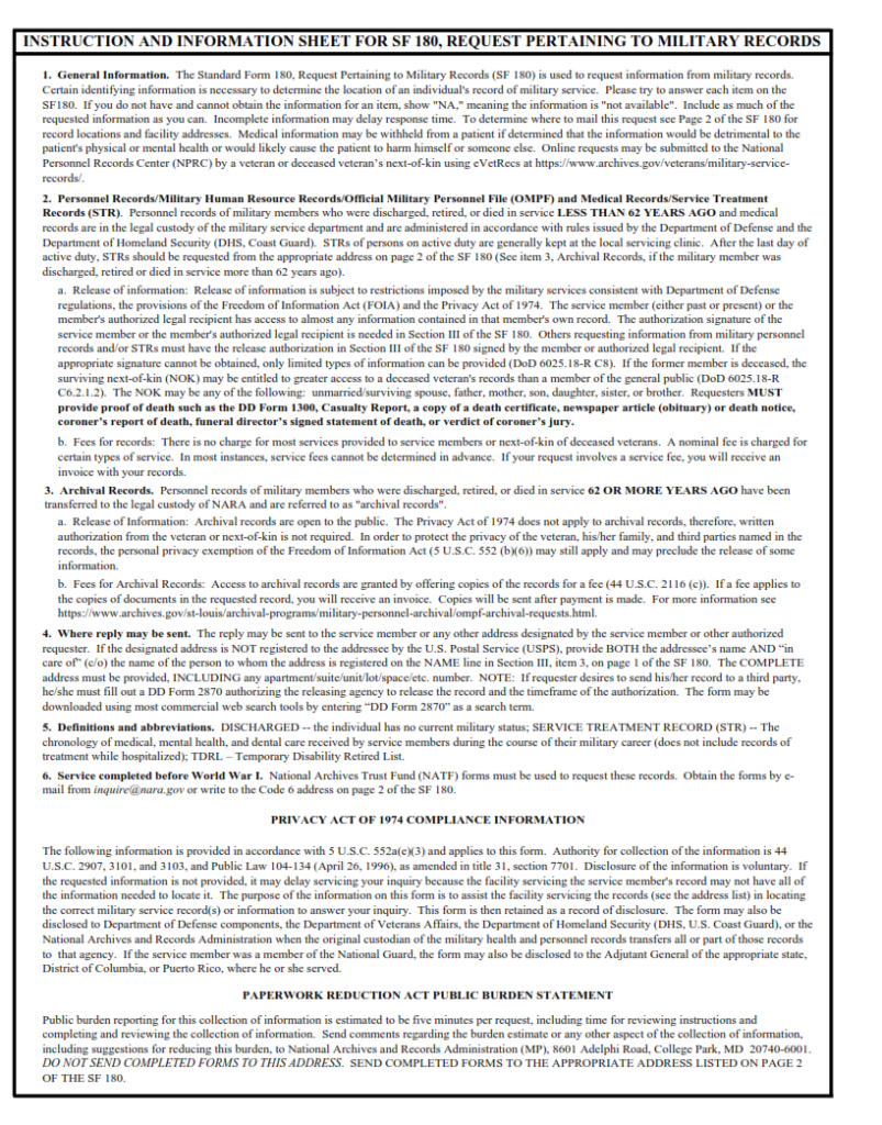 Sf 180 form request pertaining to military records sf forms