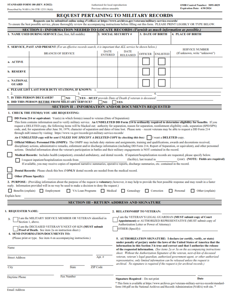 Sf 180 form request pertaining to military records sf forms