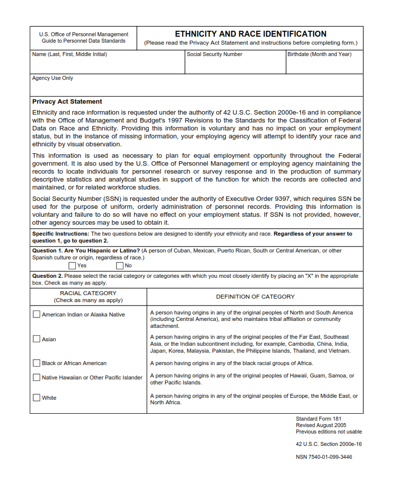 SF 181 Form Ethnicity And Race Identification SF Forms