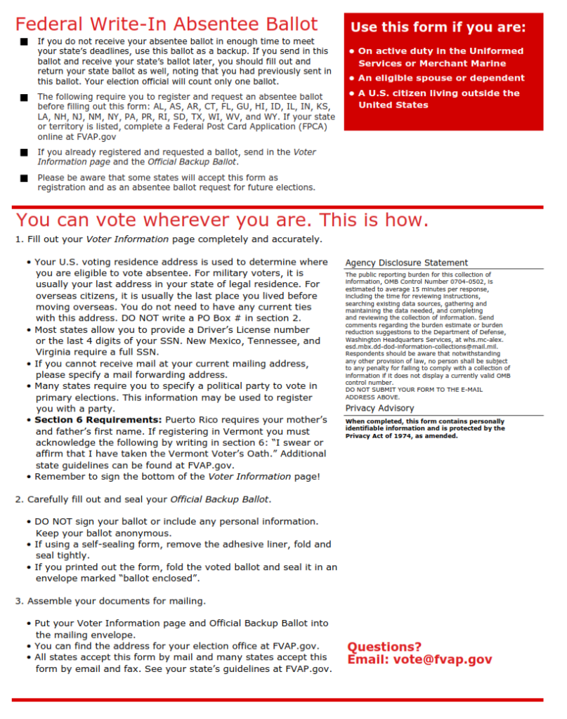 SF 186 Form Federal Write In Absentee Ballot FWAB SF Forms