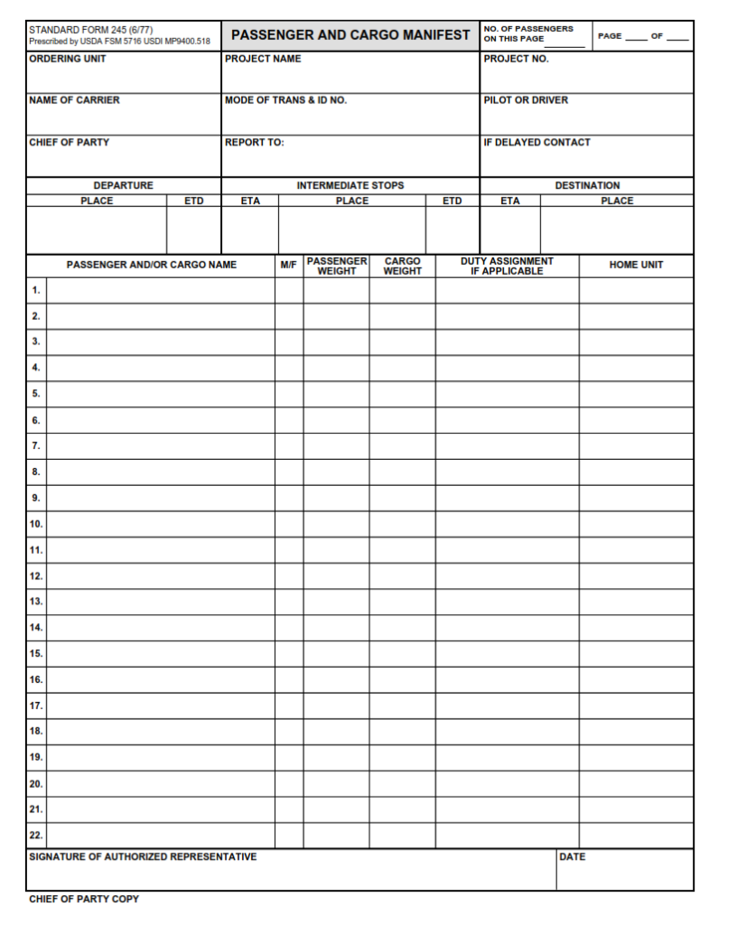 SF 245 Form – Passenger and Cargo Manifest | SF Forms