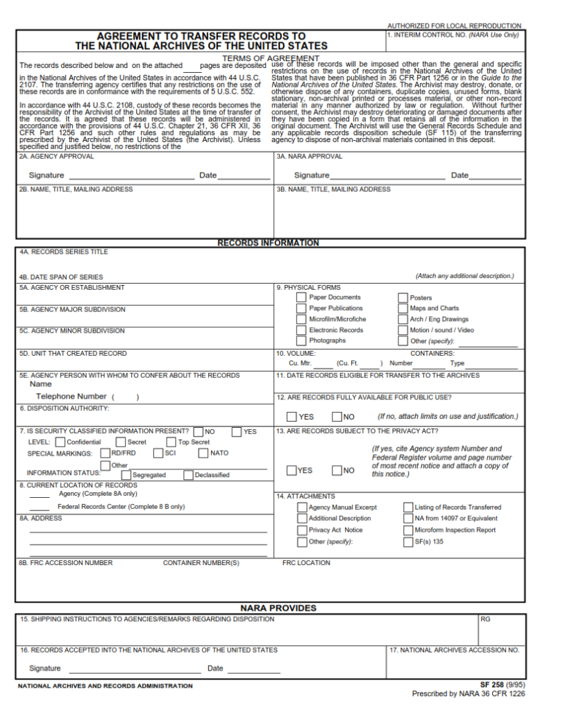 SF 258 Form – Agreement to Transfer Records to the National Archives of ...