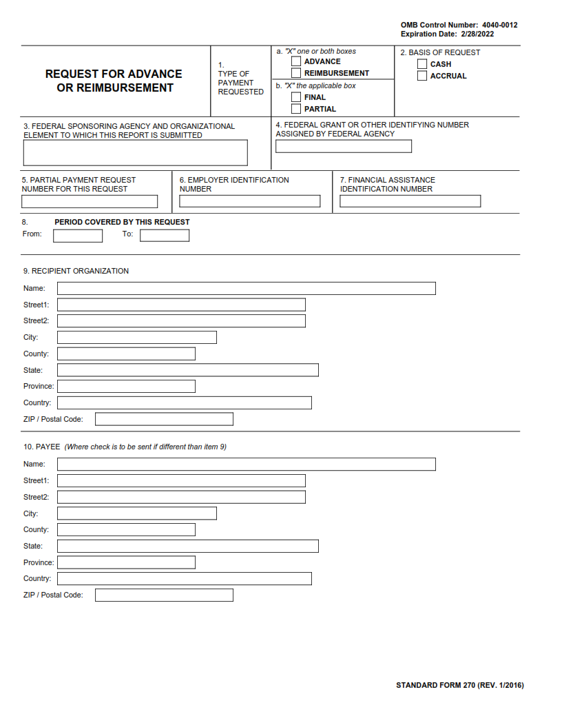 SF 270 Form Request For Advance Or Reimbursement SF Forms