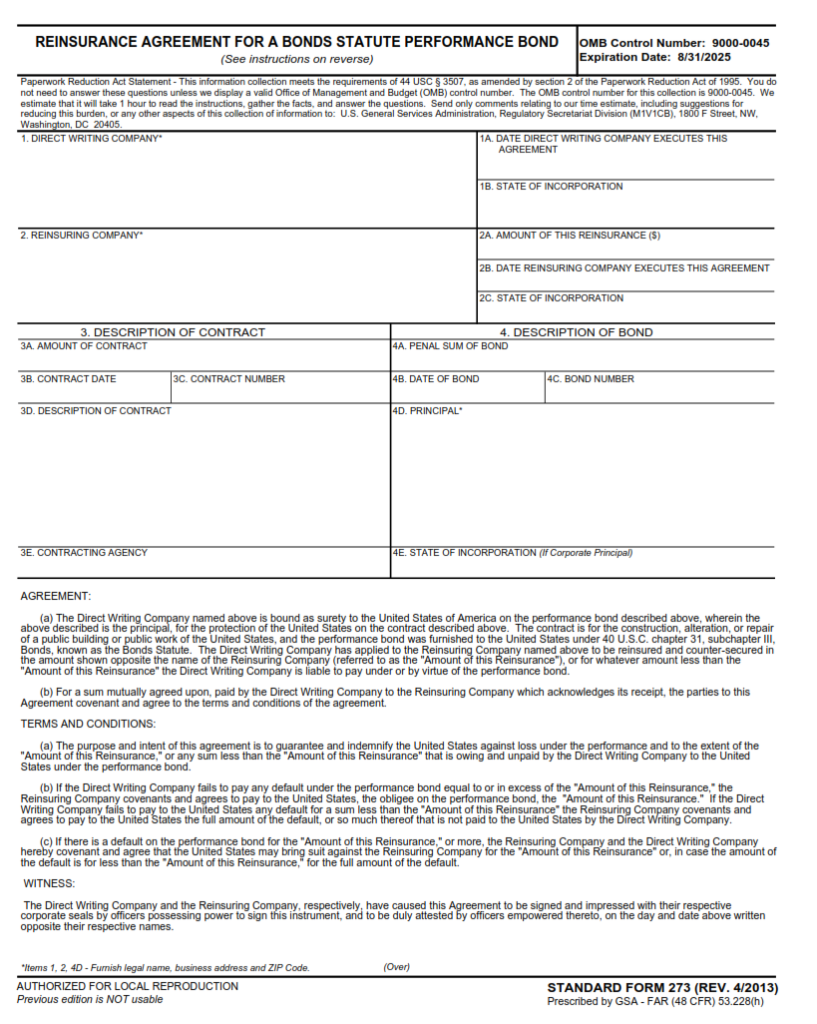 SF 273 Form Reinsurance Agreement for a Bonds Statute Performance