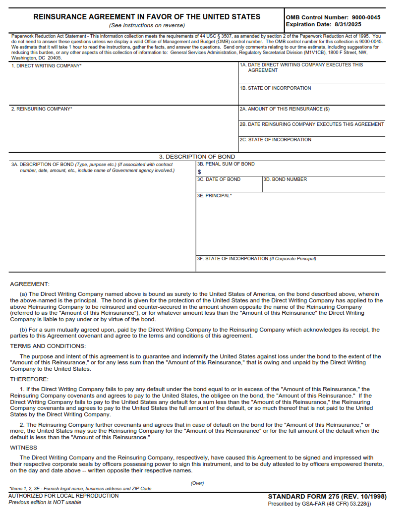 SF 275 Form - Reinsurance Agreement in Favor of the United States Part 1