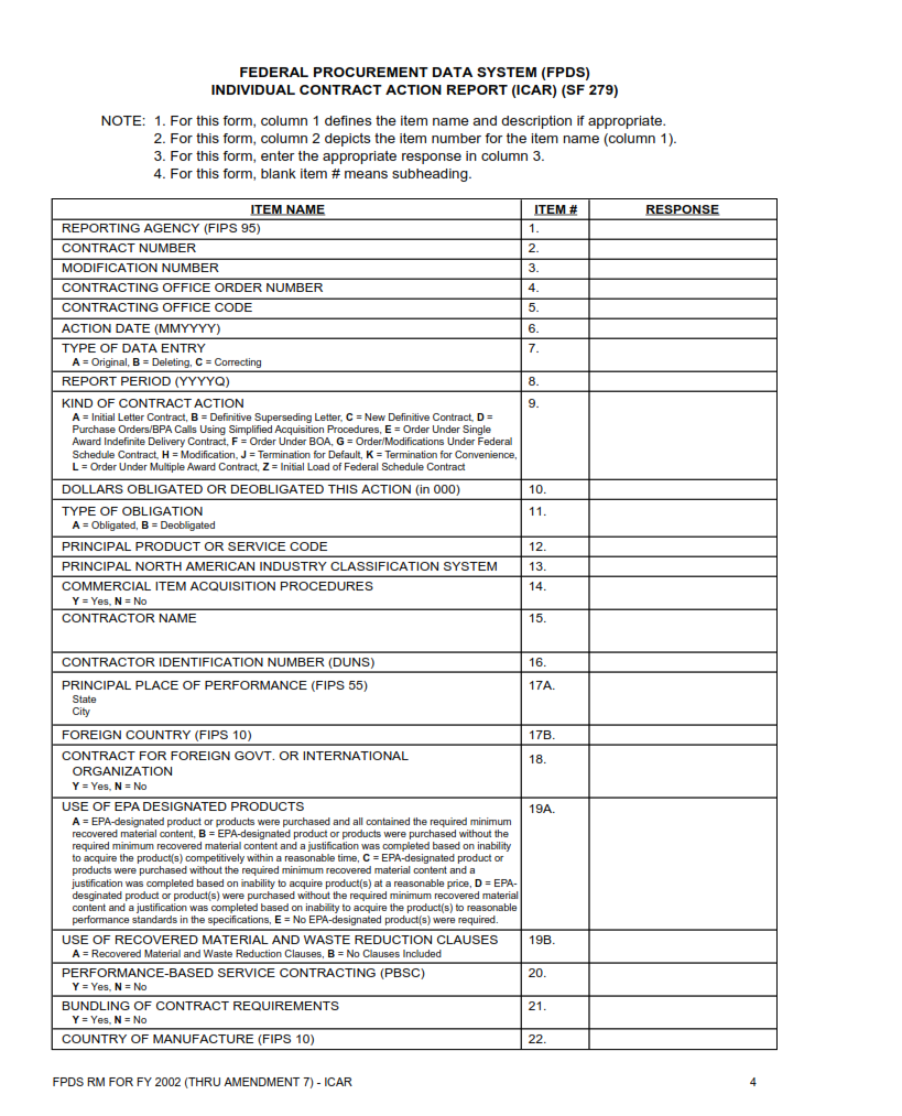 SF 279 Form - Federal Procurement Data System (FPDS) Individual Contract Action Report