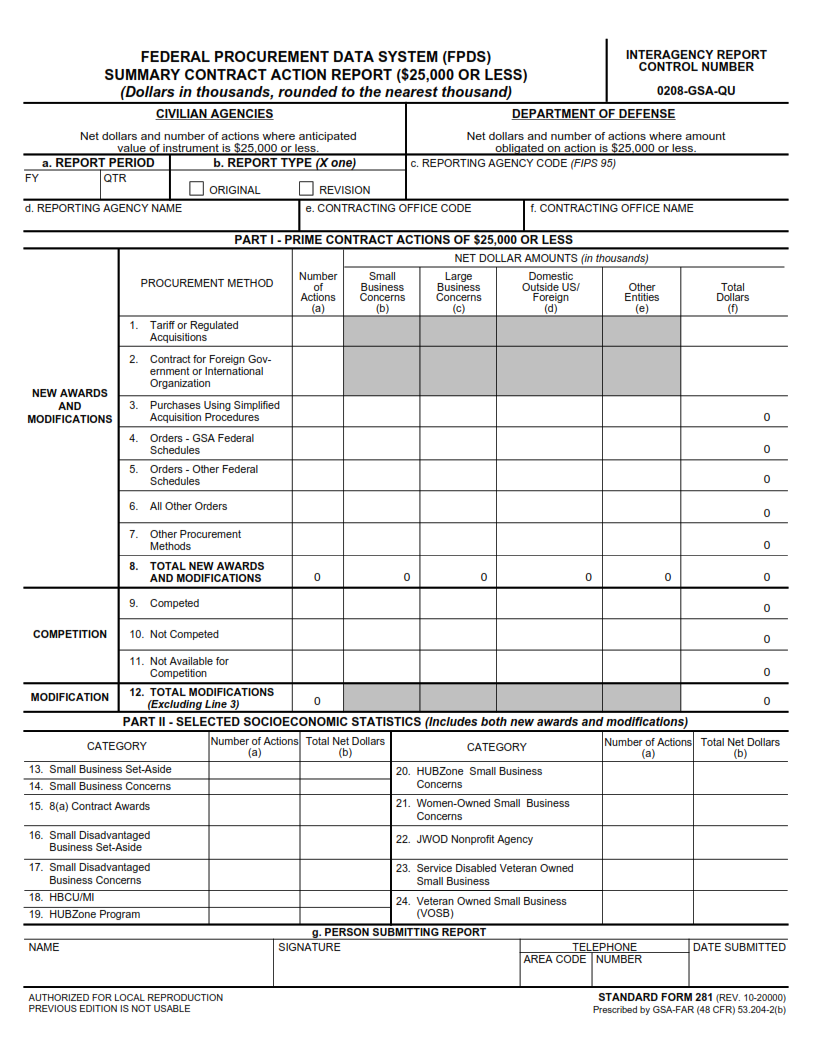 SF 281 Form - Federal Procurement Data System (FPDS) Summary Contract Action Report ($25,000 or Less)