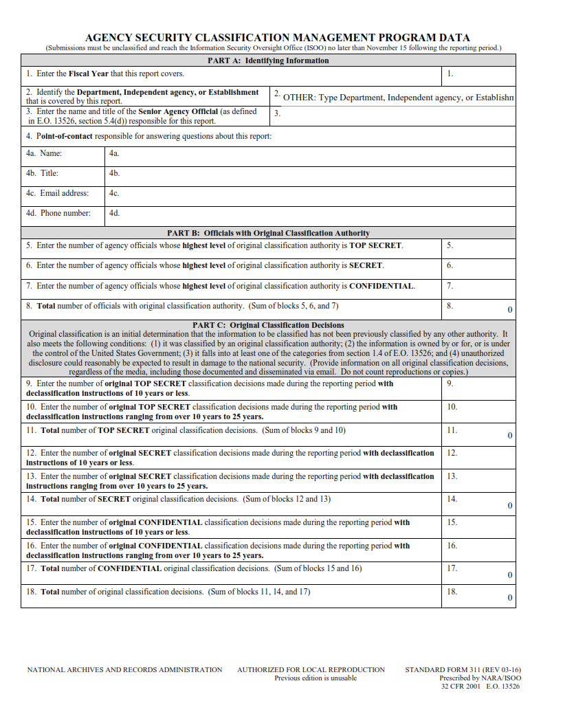 SF 311 Form - Agency Security Classification Management Program Data Part 1