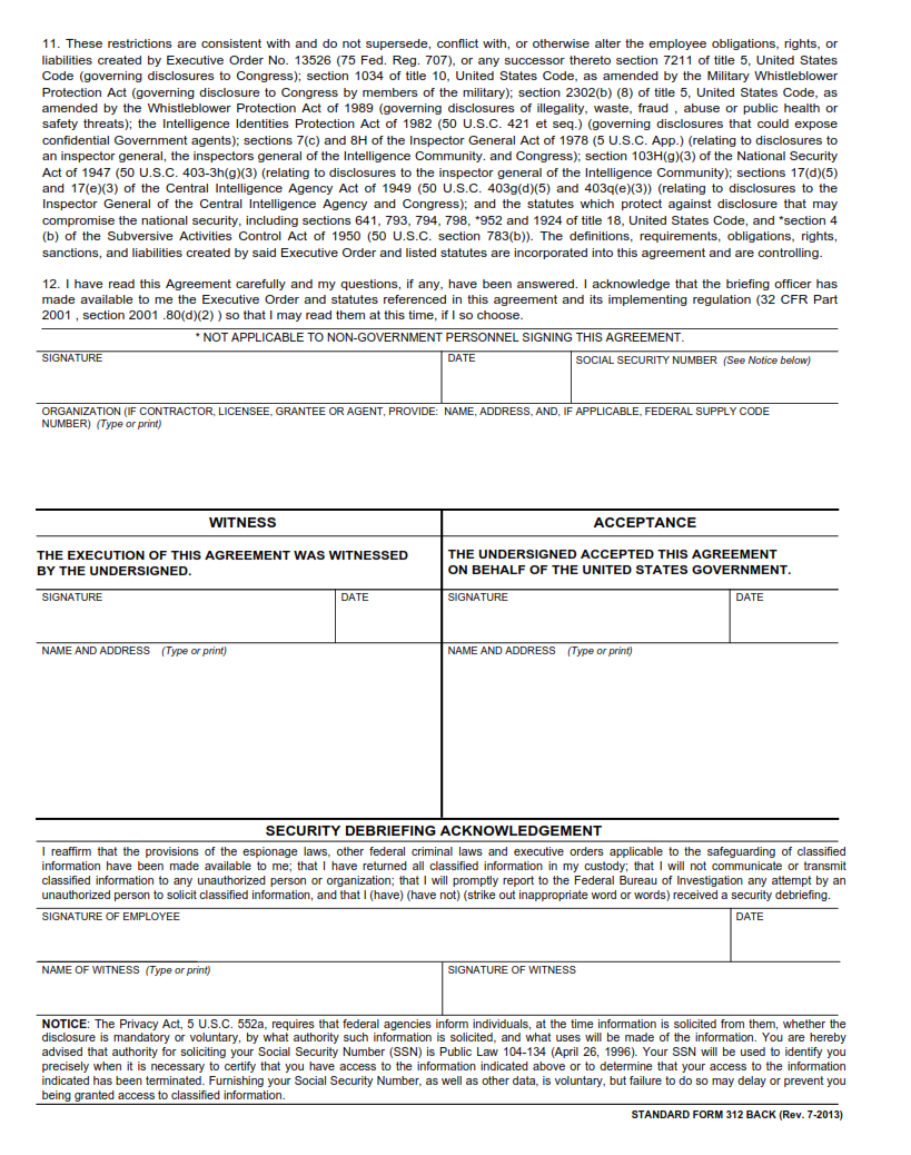 SF 312 Form Classified Information Nondisclosure Agreement SF Forms