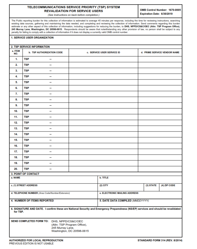 SF 314 Form – Instructions for Telecommunications Service Priority (TSP ...