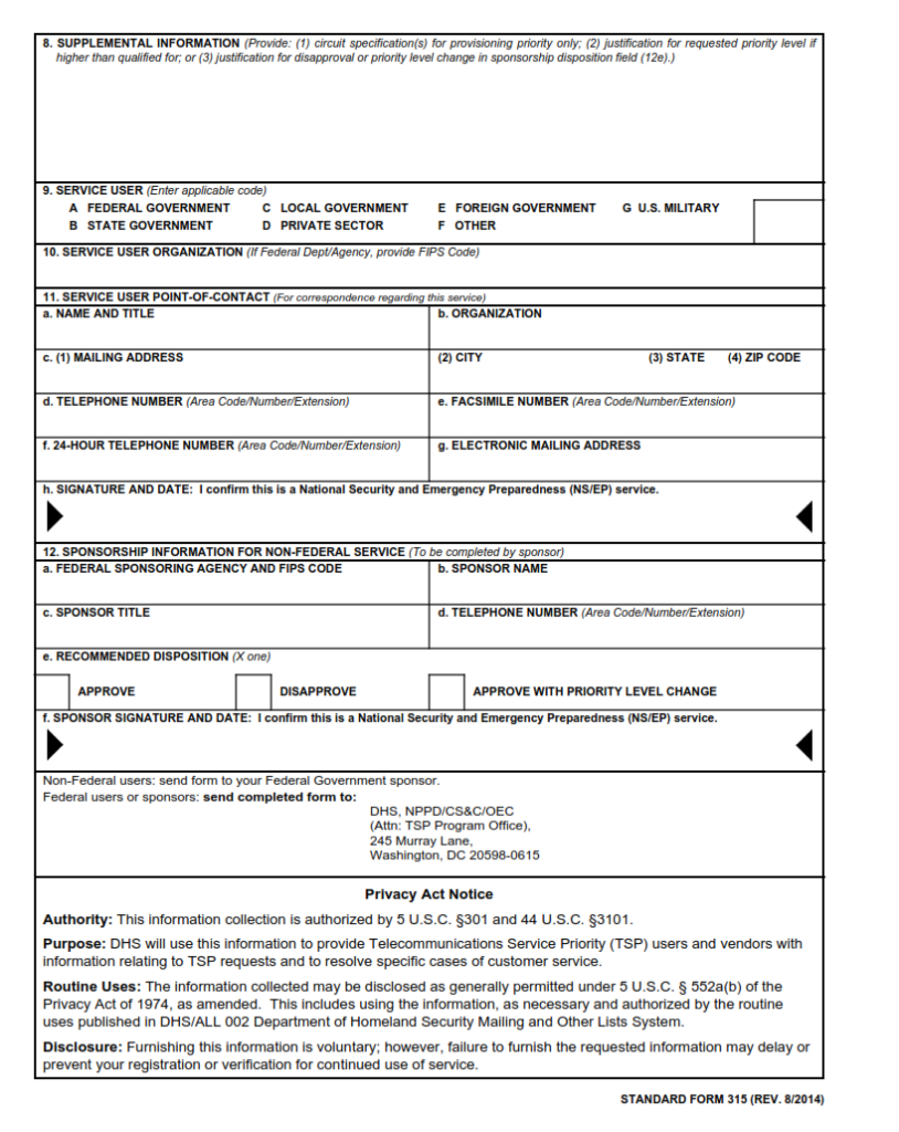 SF 315 Form Service Priority (TSP) System Request
