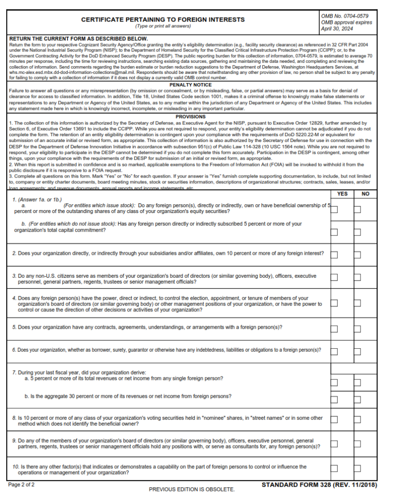 SF 328 Form – Certificate Pertaining to Foreign Interests | SF Forms