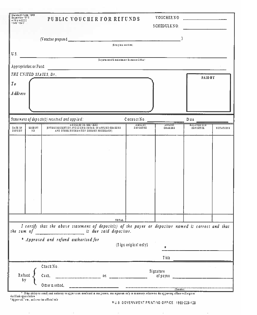 SF 1049 Form - Public Voucher for Refunds - Table Format