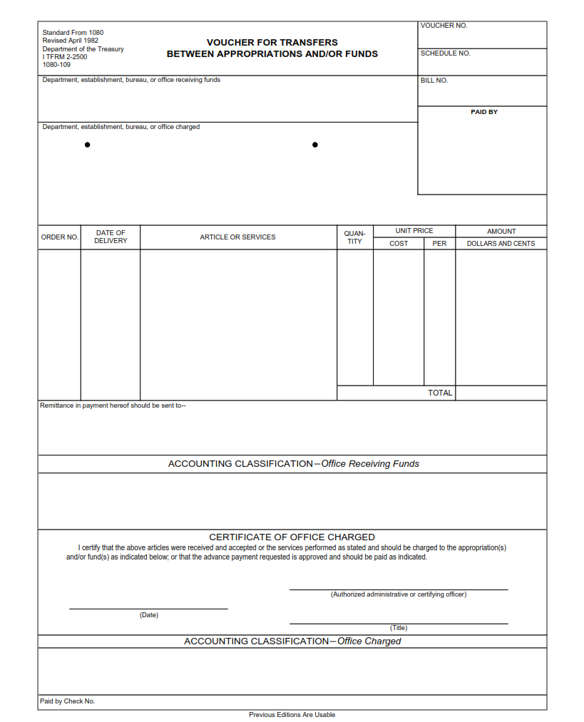 SF 1080 Form - Voucher for Transfers Between Appropriations and or Funds