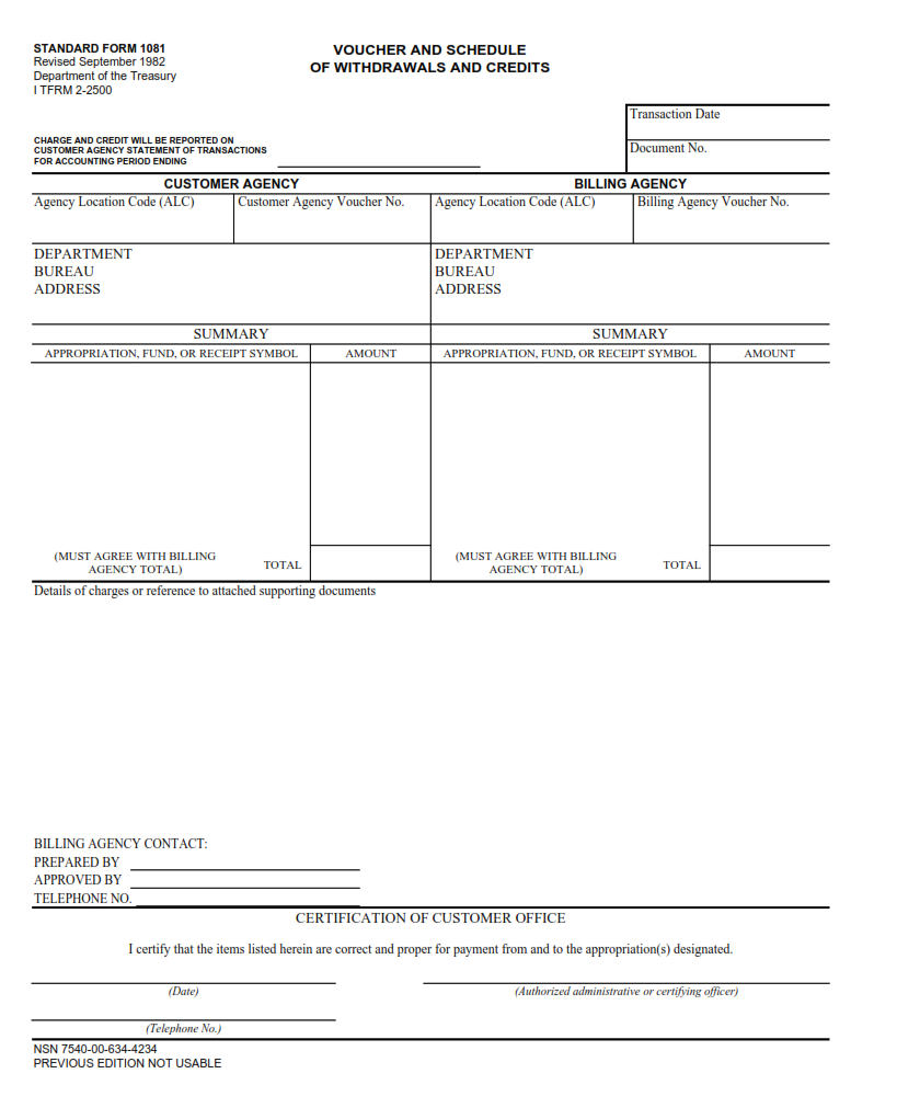 SF 1081 Form - Voucher and Schedule of Withdrawals and Credits Part 1