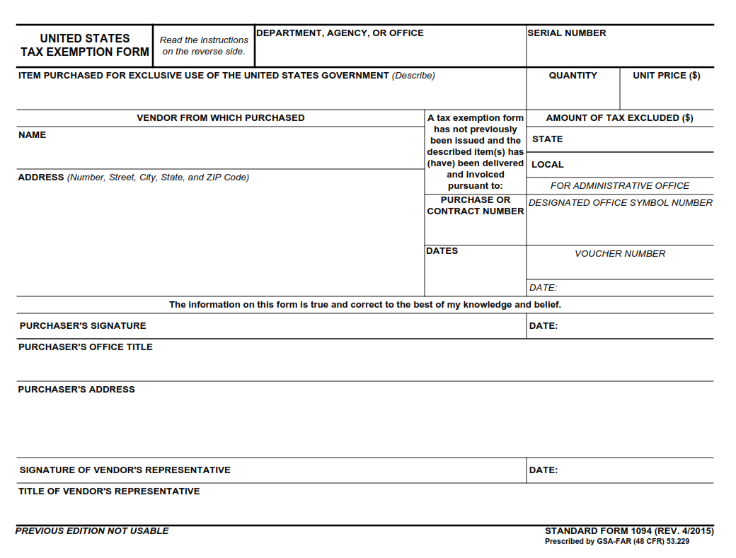 SF 1094 Form - United States Tax Exemption Form Part 1