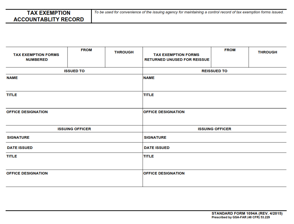 SF 1094A Form - Tax Exemption Accountability Record Part 1