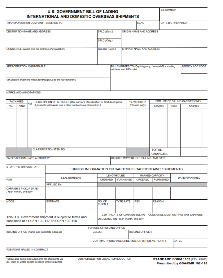 SF 1103 Form – U. S. Government Bill of Lading | SF Forms