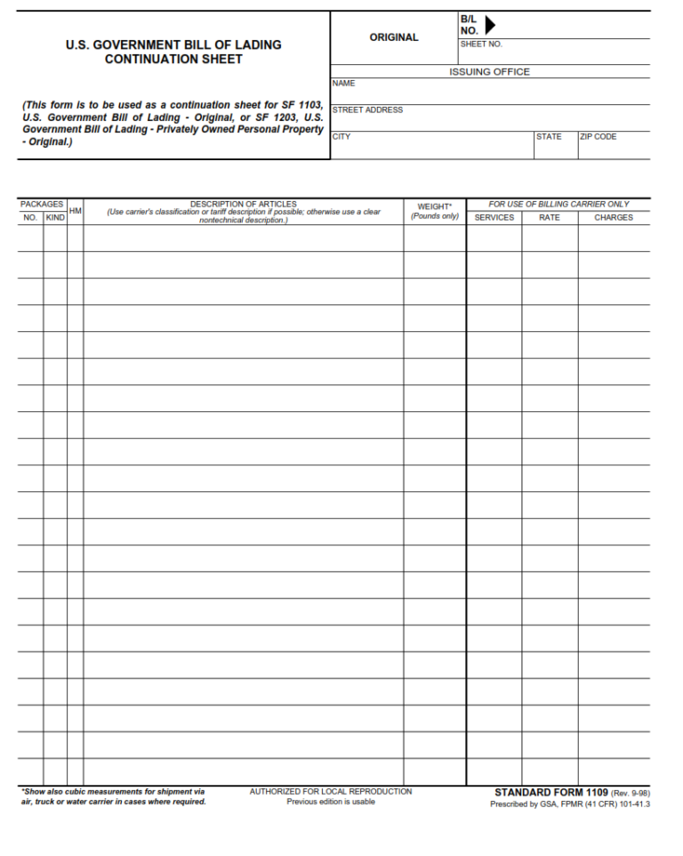 SF 1109 Form – U. S. Government Bill of Lading – Continuation Sheet ...