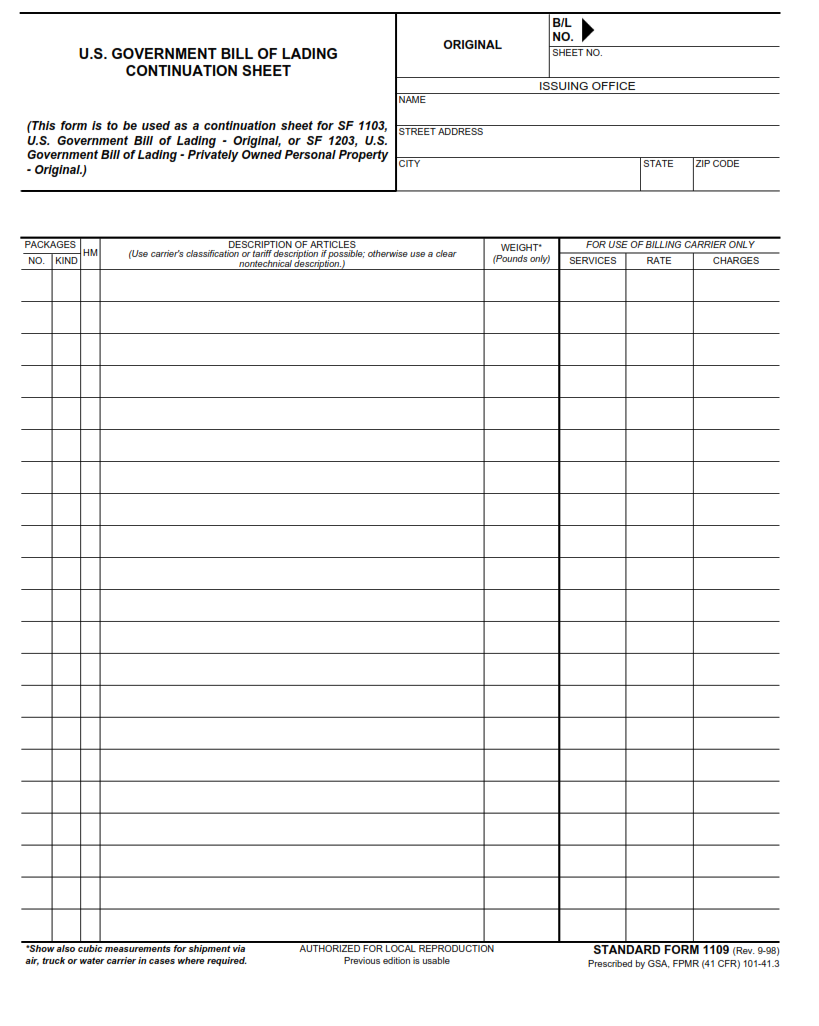 SF 1109 Form - U. S. Government Bill of Lading - Continuation Sheet Part 1