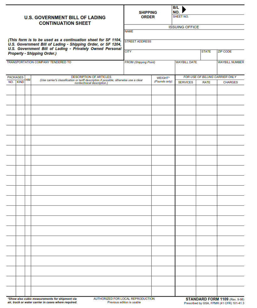 SF 1109 Form – U. S. Government Bill of Lading – Continuation Sheet ...