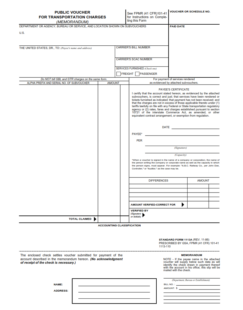 SF 1113A Form - Public Voucher for Transportation Charges - Memorandum