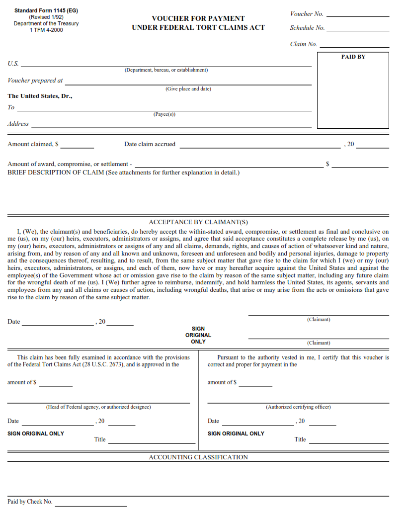 SF 1145 Form - Voucher for Payment Under Federal Tort Claims Act