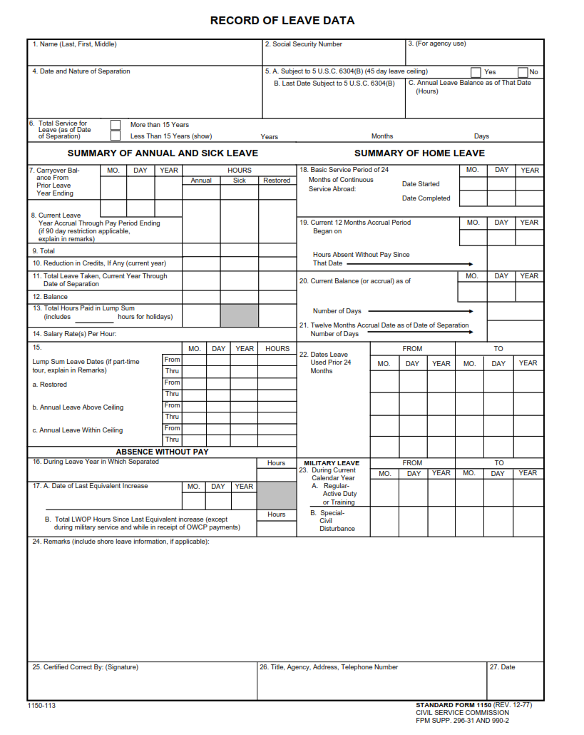 SF 1150 Form Record Of Leave Data SF Forms