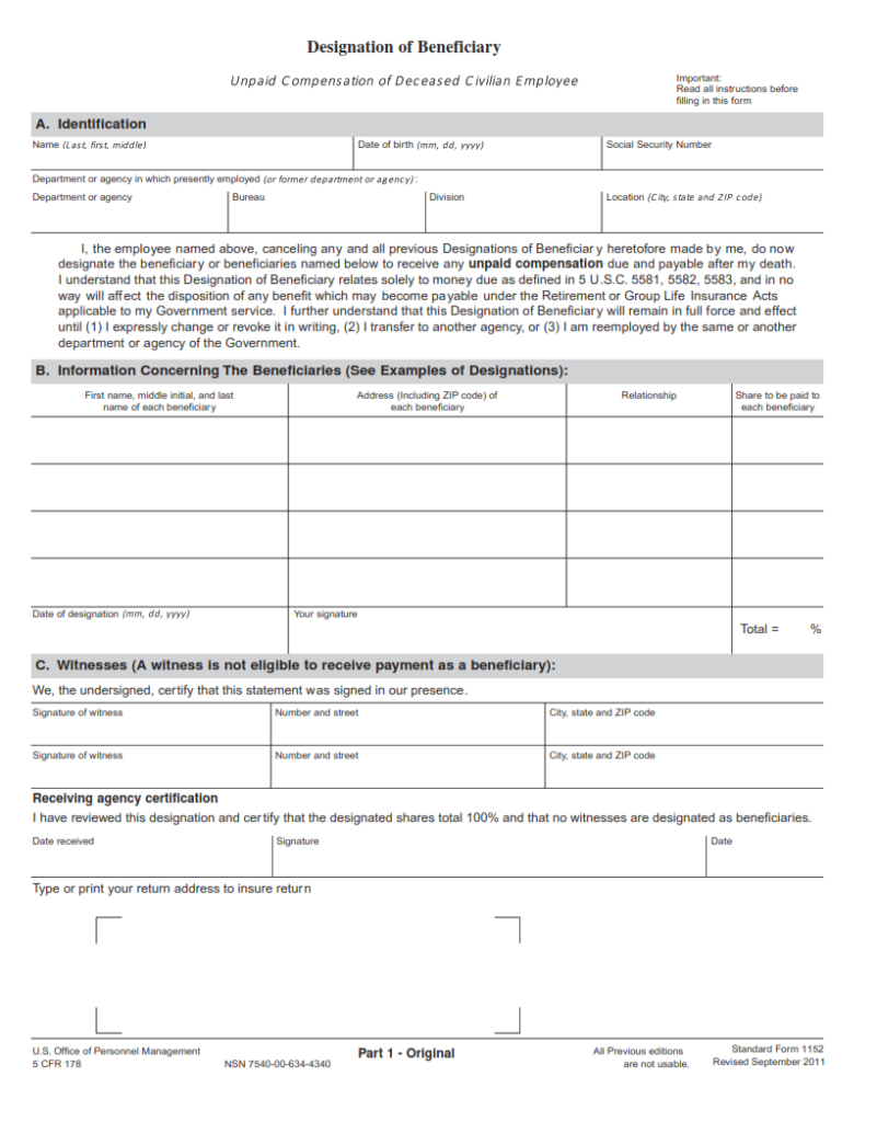 SF 1152 Form – Designation of Beneficiary – Unpaid Compensation of ...