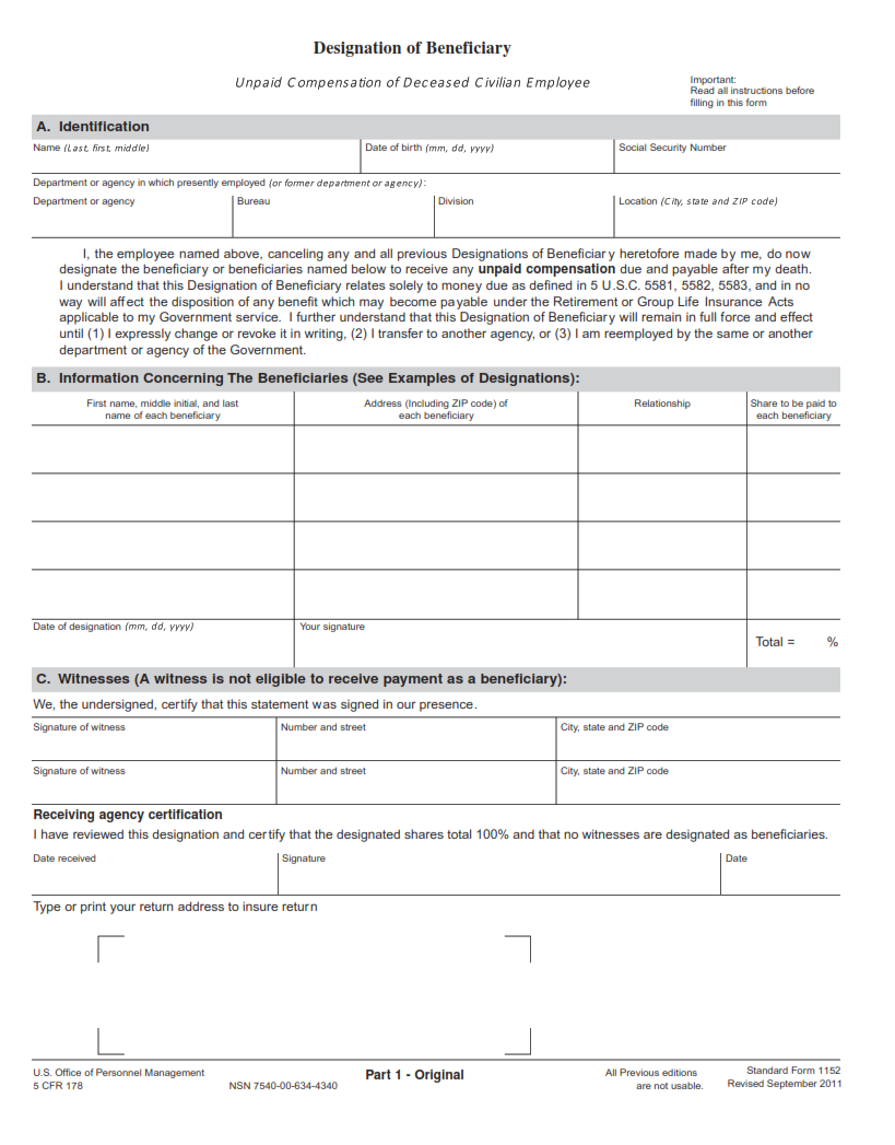 SF 1152 Form - Designation of Beneficiary - Unpaid Compensation of Deceased Civilian Employee part 1