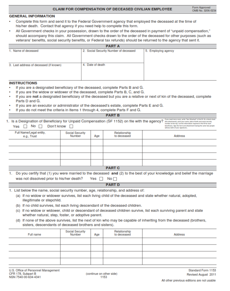 Sf95 SF 1153 Form – Claim for Unpaid Compensation of Deceased Civilian ...