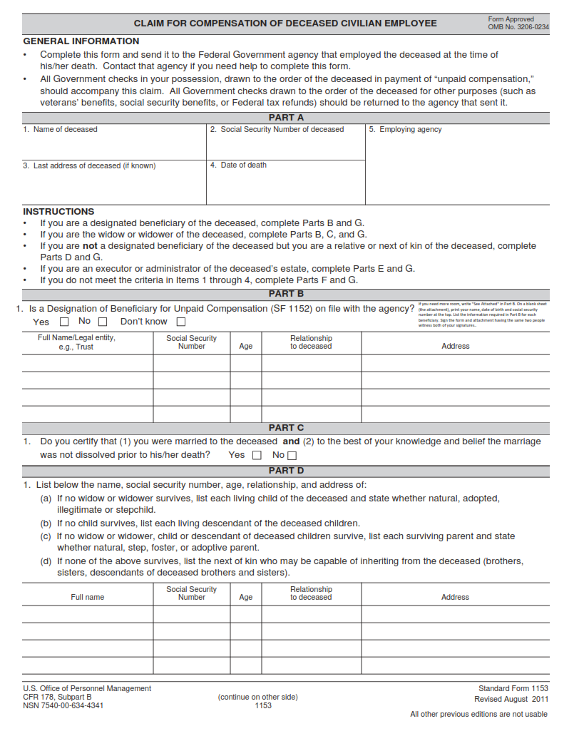 SF 1153 Form - Claim for Unpaid Compensation of Deceased Civilian Employee Part 1