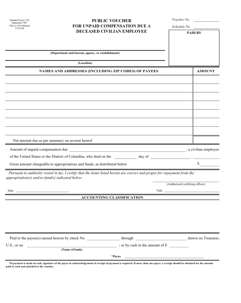 SF 1154 Form - Public Voucher for Unpaid Compensation Due a Deceased Civilian Employee