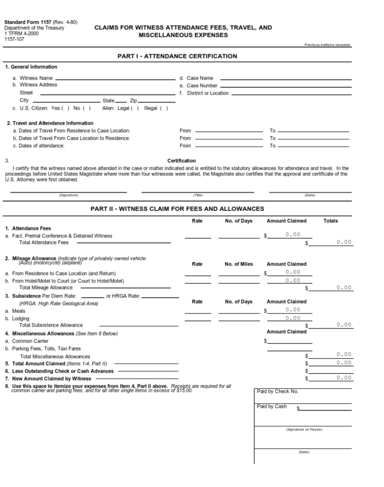 SF 1157 Form – Claims for Witness Attendance Fees, Travel, and ...