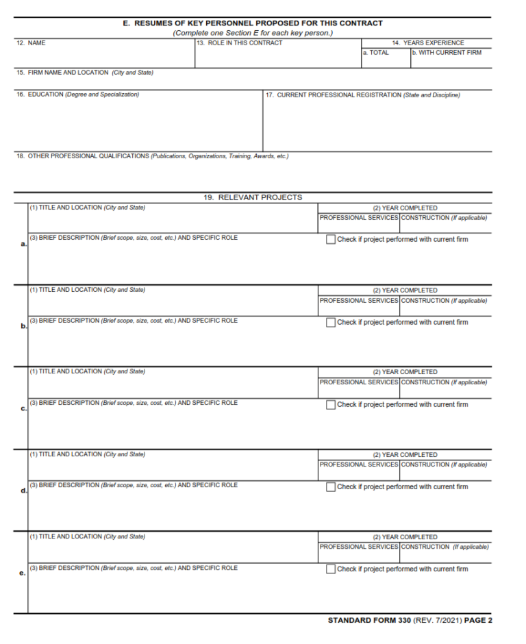 SF 330Extr1 Form – Extra Part 1 of SF330 | SF Forms