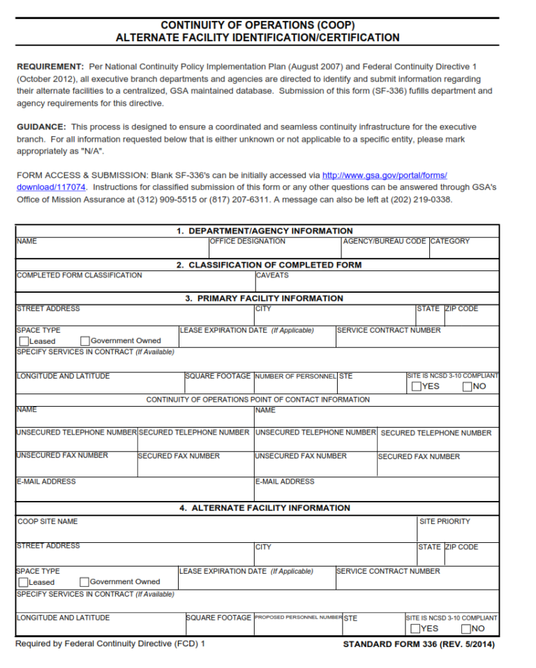 SF 336 Form – Continuity of Operations (COOP) — Continuity Facility ...